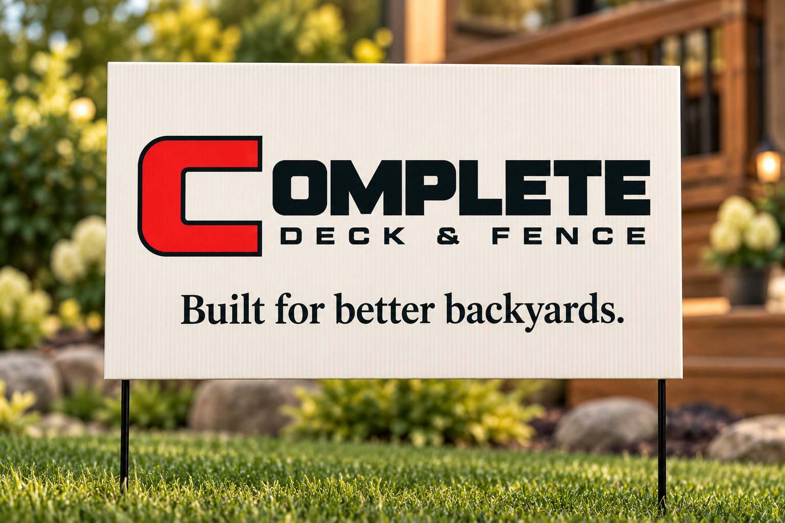 Complete Deck and Fence yard sign reading Built for better backyards, in front of a finished deck